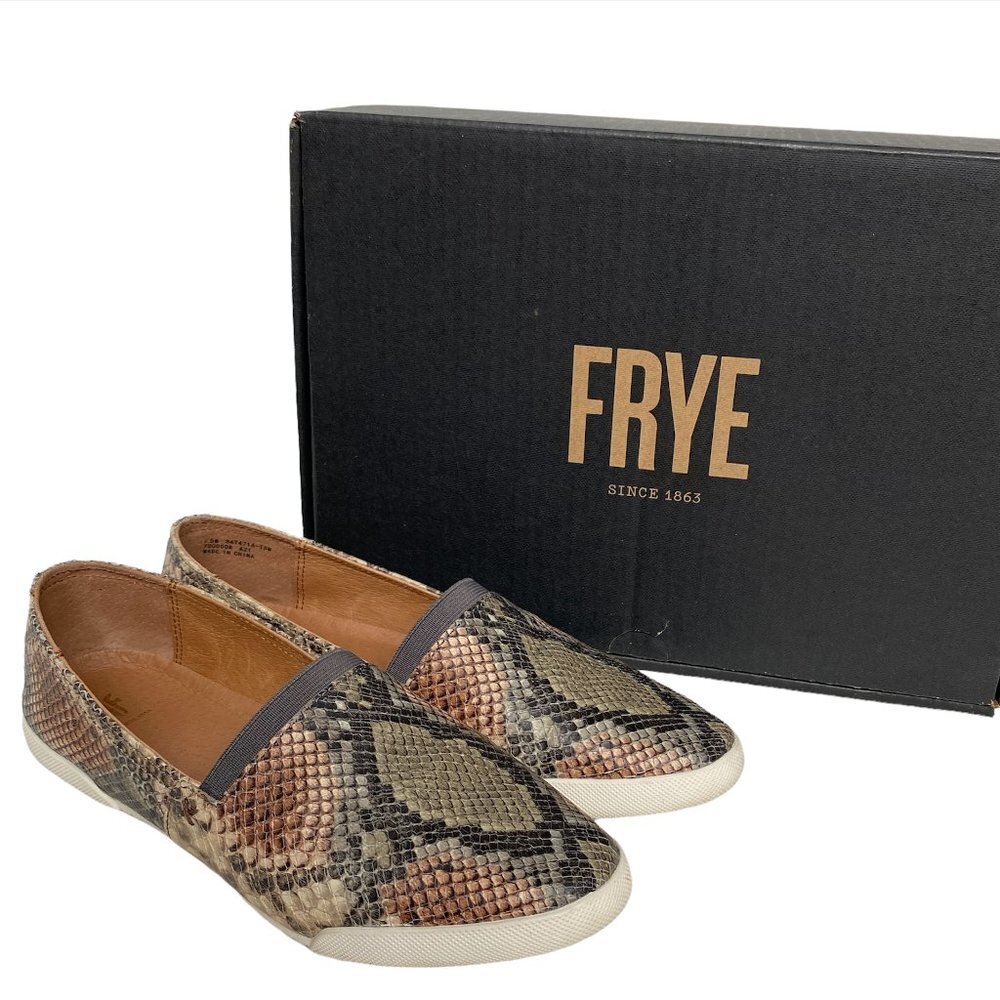 Frye Melanie Brown Gray Snake Reptile Print Leather Flats